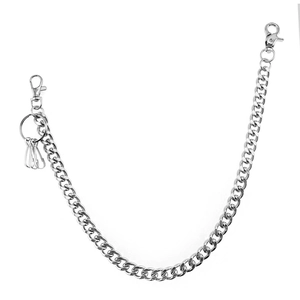 Minimalist silver punk pants chain with large lobster clasps and key rings on white background