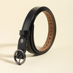 Schmaler Damen-Ledergürtel in Schwarz mit runder Metallschließe und edlem Finish