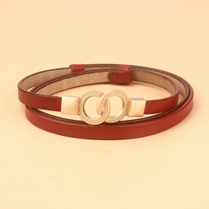 Elegant red leather skinny belt for women with a classic gold double ring buckle accent