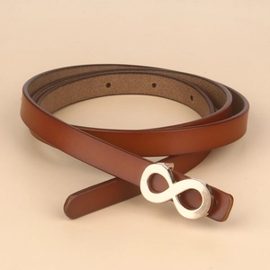 Women's dark brown leather belt with stylish silver figure-8 buckle on beige background