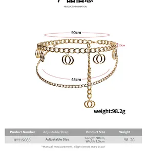Detail view of multilayer geometric aluminum body chain with 90cm length and 1.5cm width