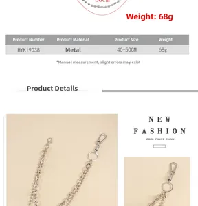 Detail view of silver hip hop trousers chain with dimensions and lobster clasp features