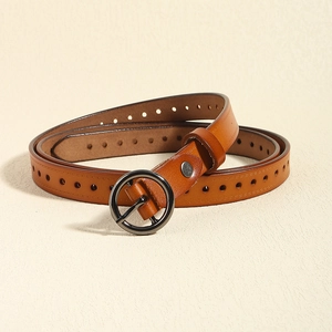 Vintage brauner Ledergürtel für Damen mit runder Metallschnalle und perforiertem Ösendesign