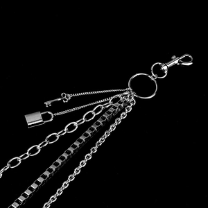Three-layer silver metal pants chain with lock and key pendants for hip-hop streetwear style