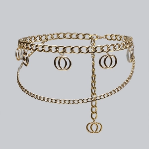 Multilayer gold geometric body chain with chic pendant tassels and aluminum waist rings