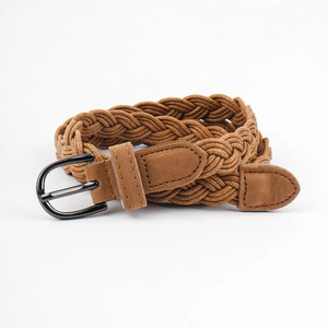 Vintage woven waist belt for women with brown braided cord and dark metallic pin buckle