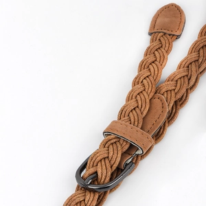 Vintage braided camel brown belt with black metal buckle and refined faux leather trim