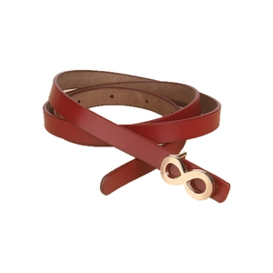 Minimalist red leather belt for women featuring a gold infinity figure 8 metal buckle