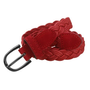 Vintage red woven waist belt for women with sleek black metal buckle on white background