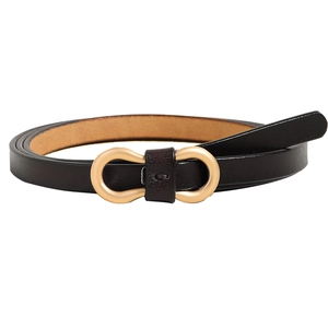 Women's slim black leather belt with elegant gold infinity buckle on white background