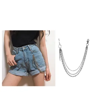 Three-layer silver metal wallet chain with tassel style for hip-hop streetwear fashion