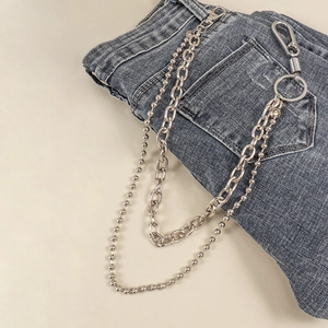 Hip hop silver double-layered bead and link pant chain on gray denim jeans