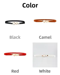 Détail des boucles perlées élégantes sur ceintures fines noire, camel, rouge et blanche