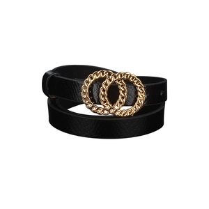 Women's slim black leather belt with double gold rings and snake skin texture