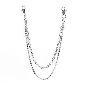 Punk style double-layered silver metal pants chain with lobster clasps and bead strand