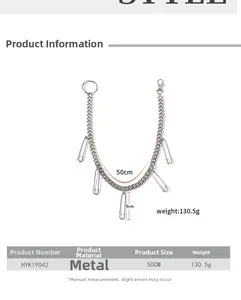 Chaîne de pantalon argentée avec pendentifs épingle à nourrice et fermoir mousqueton