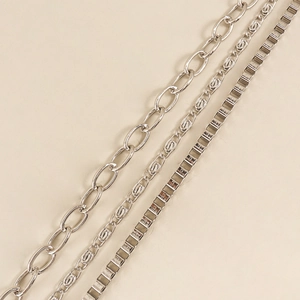 Detailed close-up of three styles including O-link, S-texture, and silver box metal chains