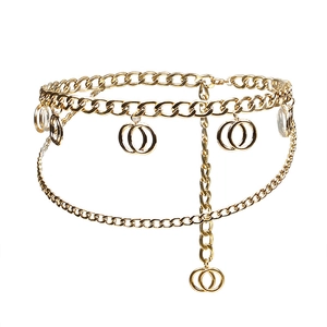 Golden multi-layer geometric body chain with stylish double ring pendants and tassel detail