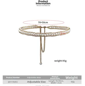 Detail showing elegant gold chain belt with woven pearls and size specifications