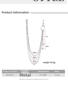 Détail d'une chaîne de pantalon argentée multicouche avec pendentifs et mesures 35-45cm