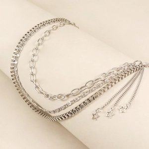 Three-layer silver metal pants chain with hollow star pendants in hip-hop punk style