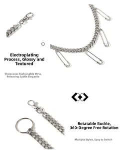 Détail de chaîne de pantalon punk argentée avec épingles de sûreté et fermoir pivotant