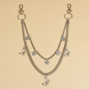 Detail of silver layered metal waist chain with hollow butterfly charms and lobster clasps