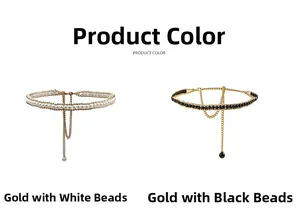 Detailed view of elegant pearl aluminum waist chains in gold with black and white beads