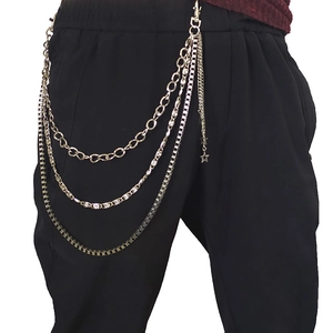 Close-up of hip-hop silver multi-layer metal pants chain with star charms and hooks
