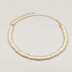 Elegant gold metal chain belt with white pearls and luxury pendant for summer outfits
