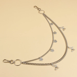 Double-layered silver butterfly charm waist chain with dual lobster clasps and rings