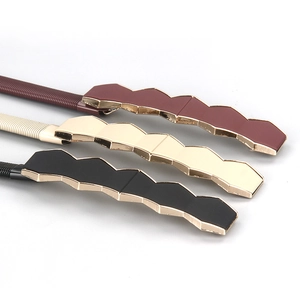Three-piece women's slim elastic waist belts in burgundy, beige, and black with metal buckle