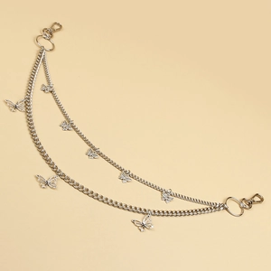 Detail of silver double-layered butterfly waist chain with lobster clasps and hollow charms