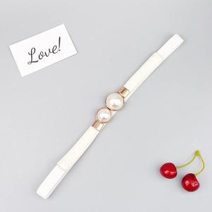 Ceinture élastique blanche élégante pour femmes avec boucle à double perle dorée pour robes