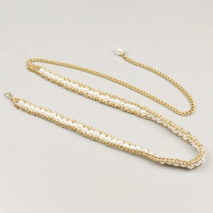 Elegant gold metal chain belt with double row pearls and a delicate pearl pendant decoration