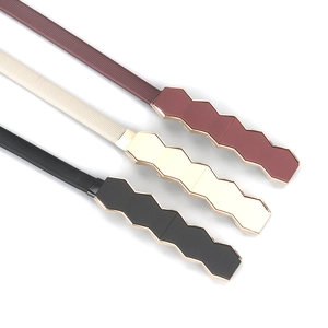 Three minimalist geometric waist belts for women in black, off-white, and dark brown