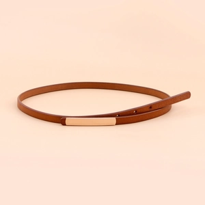 Minimalist slim brown leather belt for women with elegant golden buckle detail
