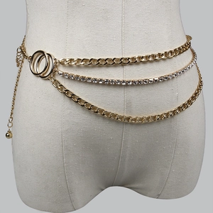 Fashion Women Gold Multi-Layer Waist Chain Adjustable Metal Link Body Chain With Rhinestone Accents For Jeans Dress Jewelry