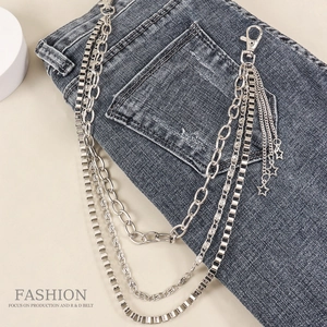 Hip Hop Multilayer Metal Alloy Trouser Chain For Women Men Punk Waist Chain With Five Pointed Star Pendants Silver Belt Chain