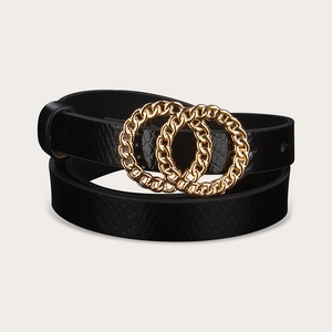 Women Fashion Faux Leather Belt Double O Ring Gold Metal Buckle Snake Embossed Waist Belt For Jeans Dresses Daily Decor