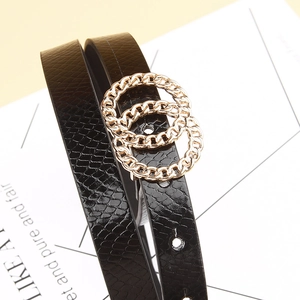 Modern black snake-pattern leather belt for women with gold double-O ring buckle