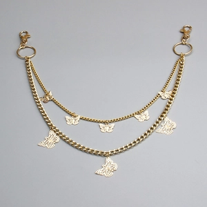 Golden double-layer metal pant chain with butterfly charms and lobster clasps