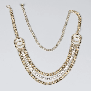 Multi-layer gold chain belt for women featuring classic Cuban links and rhinestone accents