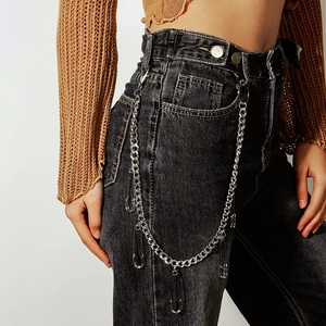 Chaîne de pantalon punk en métal argenté avec pendentifs épingles sur jean vintage