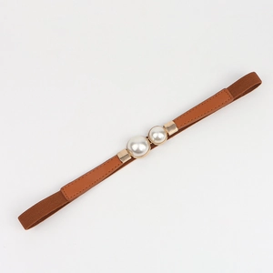 Ceinture élastique fine marron pour femme avec boucle en perles et détails dorés chic