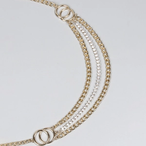 Three-layer golden metal waist chain with rhinestones and curb chain layers for women