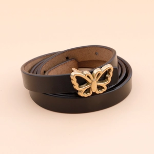 Women's black leather belt featuring a vintage gold butterfly buckle and adjustment holes