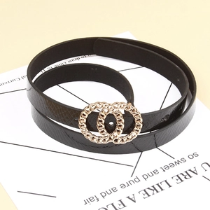 Black faux leather belt for women with embossed snake texture and gold double O-ring buckle