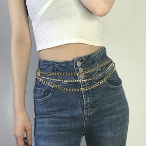 Chic multi-layered gold metal waist chain with rhinestones for jeans and dresses