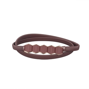 Fashionable dark red elastic belt with gold-trimmed hexagonal buckles for jeans and dresses